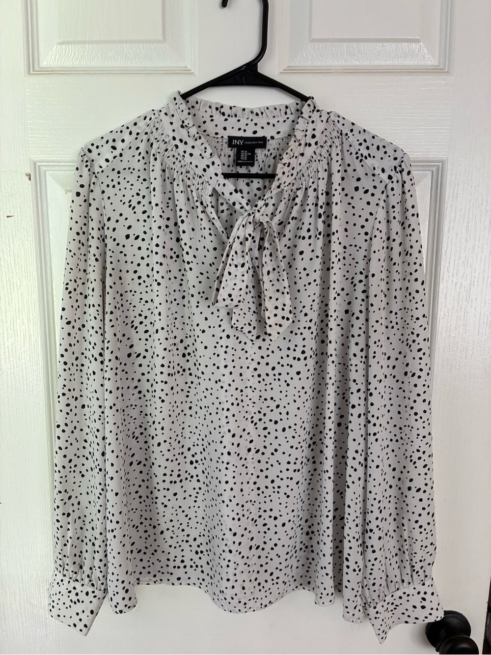 Jones New York White and Black Polka Dot Tie-Neck Blouse